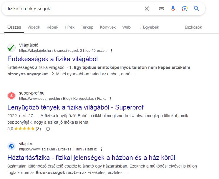 Google Search Console keresési eredmény